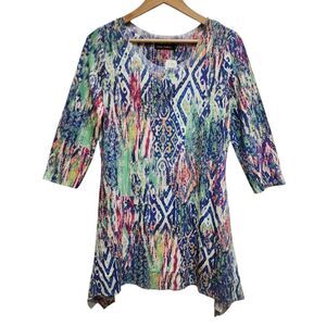 Casual Express Tunic Top Women S Multicolor Aztec Mesh Trim Boho Stretch Soft
